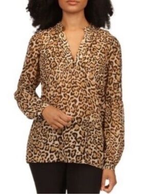 Michael Kors Leopard-Print Long Sleeve V-Neck Top - Tan/Brown/Black